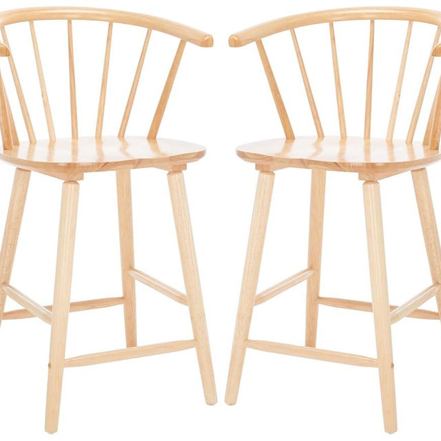 SAFAVIEH Home Collection Blanchard Farmhouse Natural Brown Solid Wood Windsor Spindle 24-inch Seat Height Counter Stool Set of 2