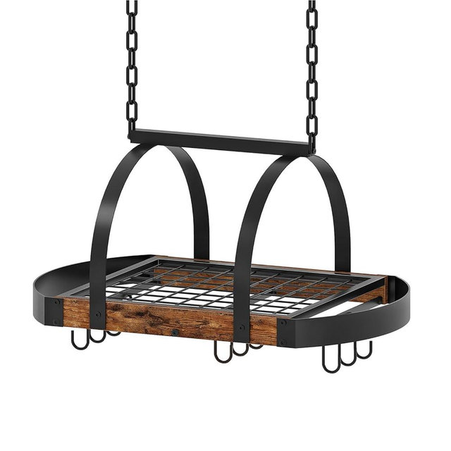 CHOEZON Hanging Pot Rack, Pot Hanger for Kitchen, Ceiling Mounted Pot Holder, Cookware Organizer with 9 S-Shaped Hooks, for Pot, Pan Storage, Space-Saving, Rustic Brown and Black TPR07BF