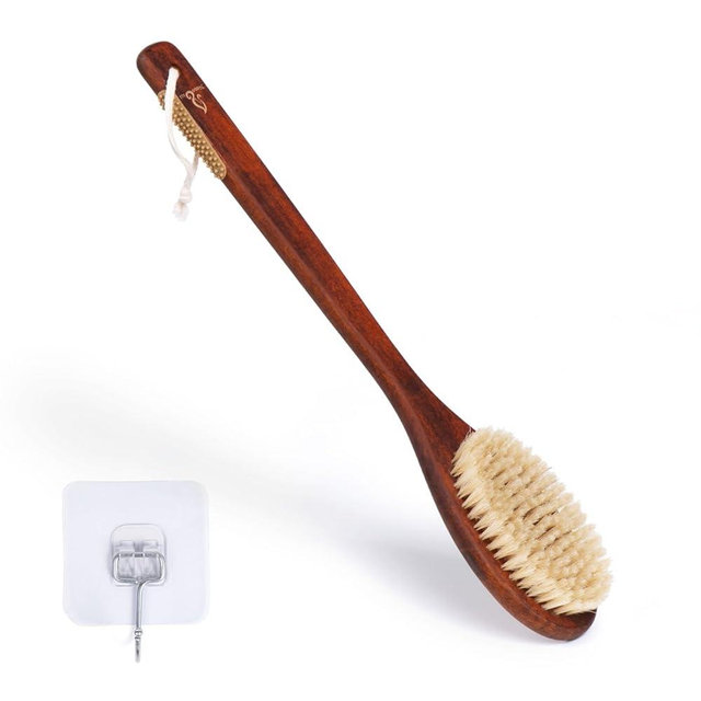 Wooden Bath Brush with Gentle Bristles Long Handle for Shower Back Scrubber Body Exfoliator (Gental Boar Bristle)