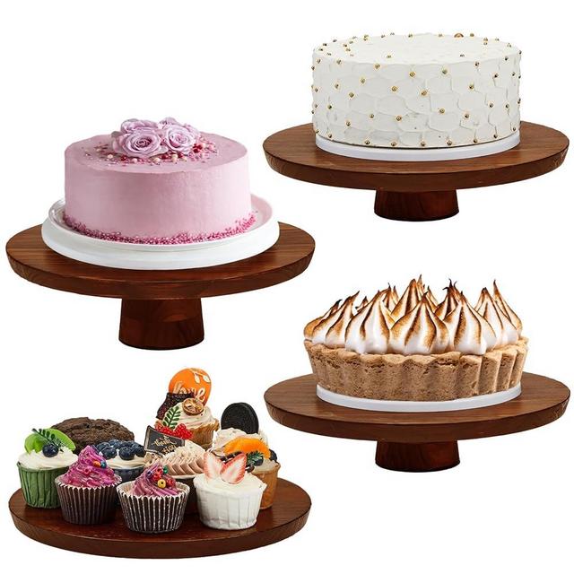 Jinei 4 Sets Wood Cake Stand Rustic 12 Inch Rotating Cake Stand Food Round Risers Turntable for Party Cake Base Wood for Display Parties Weddings Restaurants Decorating Supplies