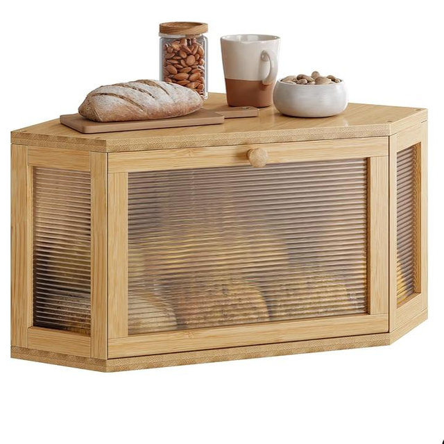 WOWLIVE Corner Bread Box for Kitchen Countertop, Bamboo Bread Storage Container, Large Farmhouse Bread Holder with Acrylic Wavy Door Panel, Multi-functional Container, Natural