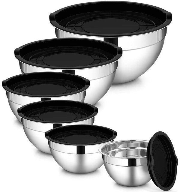 LIANYU Stainless Steel Mixing Bowls with Lids Set, Kitchen Nesting Metal Bowl Set of 6, Ideal for Salad Baking Cooking Serving Food Storage, Size 7, 3.5, 2.5, 2, 1.5, 1QT, Dishwasher Safe, Black