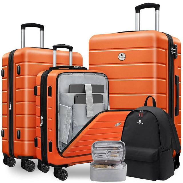 Classic 5-Piece Luggage Set Lightweight Hardside Suitcase TSA Lock Spinner Wheels, 20" Expandable Carry-On Luggage with Front Open Pocket, Bonus Travel Backpack & Makeup Bag, 20/24/28 inch, Orange