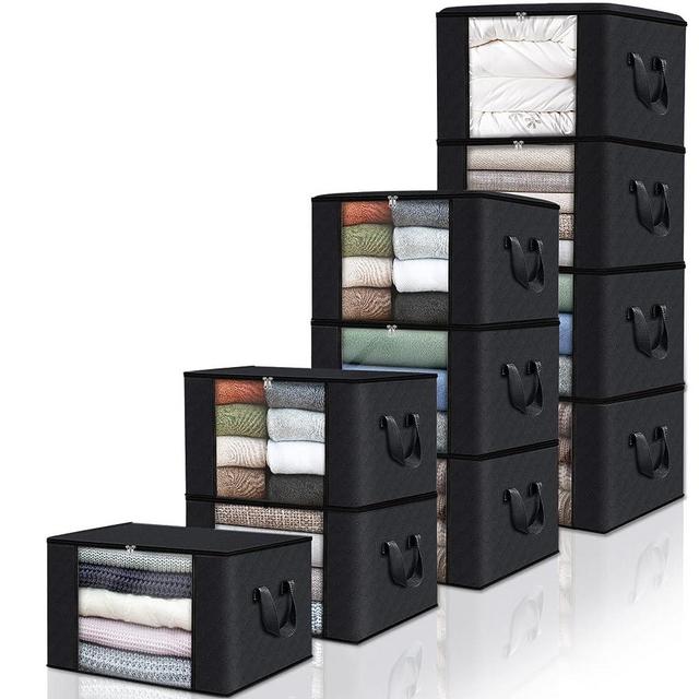 Fab totes 10 Pack Clothes Storage, Foldable Blanket Storage Bags, Storage Containers for Organizing Bedroom, Closet, Clothing, Comforter, Organization and Storage with Lids and Handle, Black