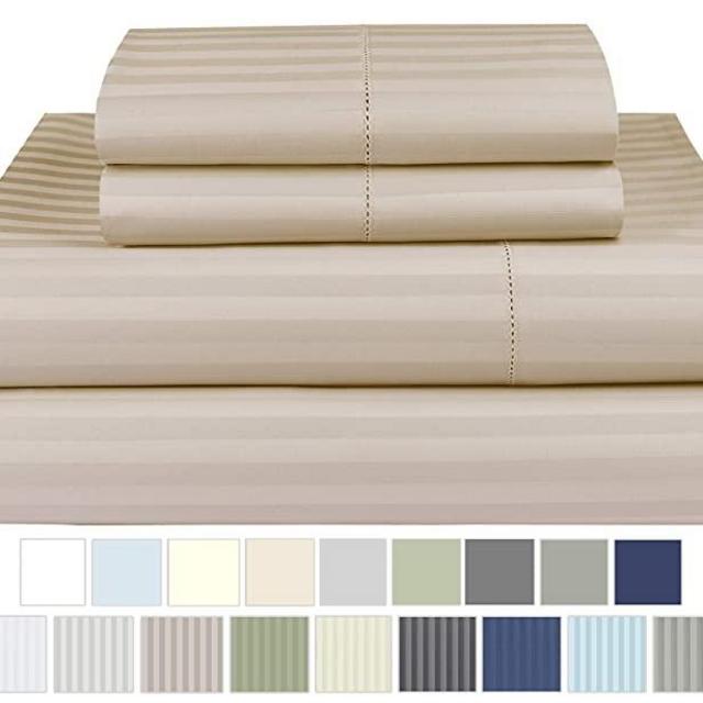 Threadmill Home Linen 600 Thread Count 100% Cotton Sheets, 1CM Damask Stripe Beige Queen Sheets 4 Piece ELS Cotton Bed Sheet Set Luxury Sateen Sheets Fits Mattress Up to 18'' Deep Pocket