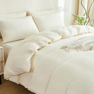 Comforter Set Queen Size Beige Striped Soft Luxury Washed Microfiber Jacquard 3 Pieces Bedding, Beige Vertical Ticking Stripes Comforter with 2 Pillowcases Breathable Durable Comfy
