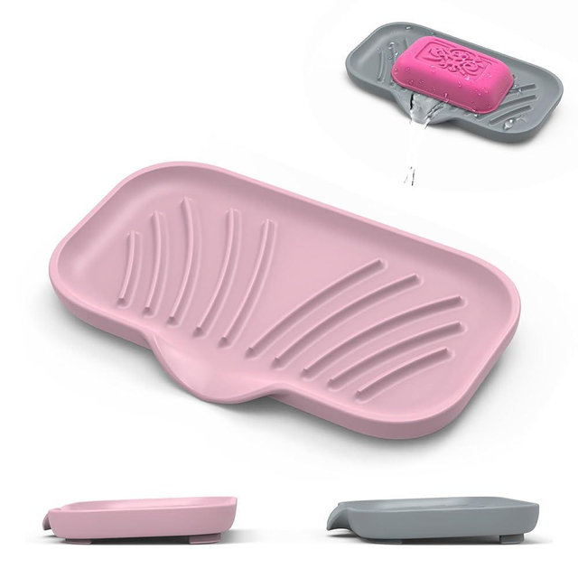 Jalopink 2 Pack Soap Holder with Drain - Self Draining Waterfall Soap Dish & Sponge Holder for Kitchen Sink Organizer, Non-Slip Dish Soap Tray for Dispenser Bottle, Gray Pink, 6x3.4 Inches