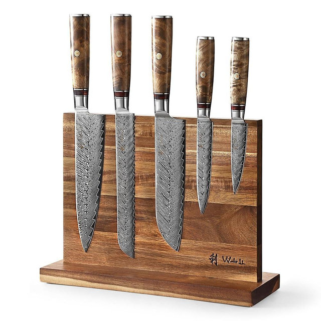 Wakoli Damascus Chef Knife Set with Magnetic Block - 5 Piece Professional Kitchen Knife Set with Sycamore Wood Handles
