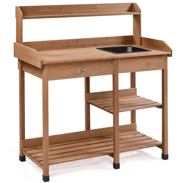 Yaheetech Solid Outdoor Wood Potting Bench Garden Work Bench Station w/Sink Drawer Rack Shelves, Brown