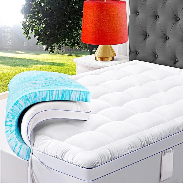ABENE 4 Inch Dual Layer Memory Foam Mattress Topper King, 2 Inch Cooling Gel Memory Foam Plus 2 Inch Down Alternative Pillowtop Mattress Pad with Bedside Pocket, Soft Support for Back Pain Relief
