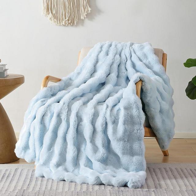Smoofy Faux Fur Throw Blanket for Couch Rabbit Fleece - Light Blue Fluffy Blanket for Sofa Bedroom Living Room, Cozy Soft Plush Luxury Thick Winter Fuzzy Comfy Bubble Blanket - 60" x 80"