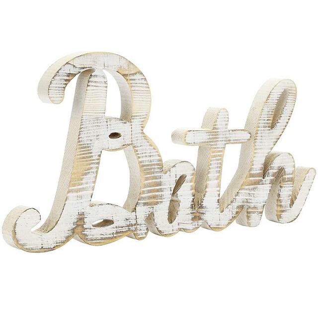 MyGift Wooden Bath Sign, Shabby Chic White Washed Wood Bathroom Decor Cutout Wall Art with Decorative Letters Hanging Mounted Farmhouse Sign