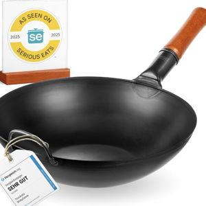 YOSUKATA 13.5" Carbon Steel Wok Pan – Pre-Seasoned Flat Bottom Pow Wok for Stir Fry, BBQ, Grill & Camping – Traditional Japanese Chinese Cookware – Compatible with Induction, Electric, Gas, Open Fire