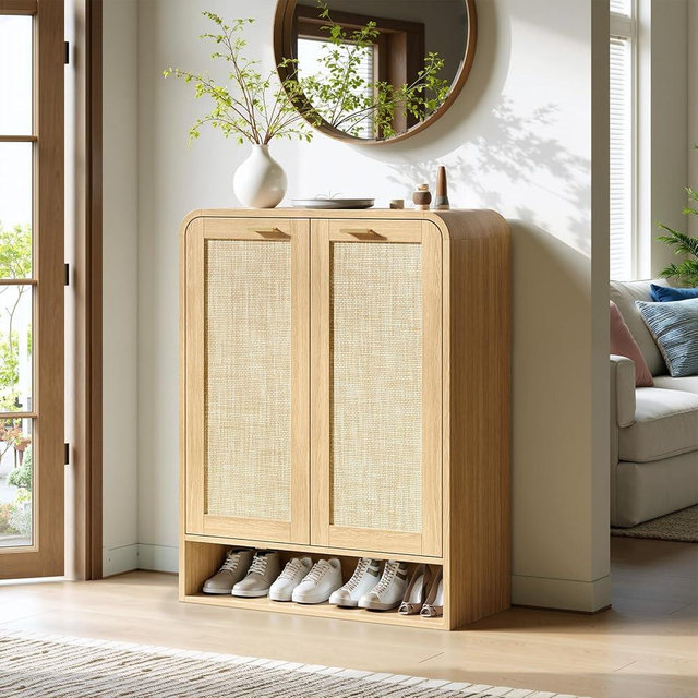Evermagin 41" Tall Rattan Shoe Storage Cabinet, 24 Pairs Shoe Cabinet for Entryway, 5-Tier Boho Shoe Organizer with Doors for Hallway Living Room Closet, Natural Oak