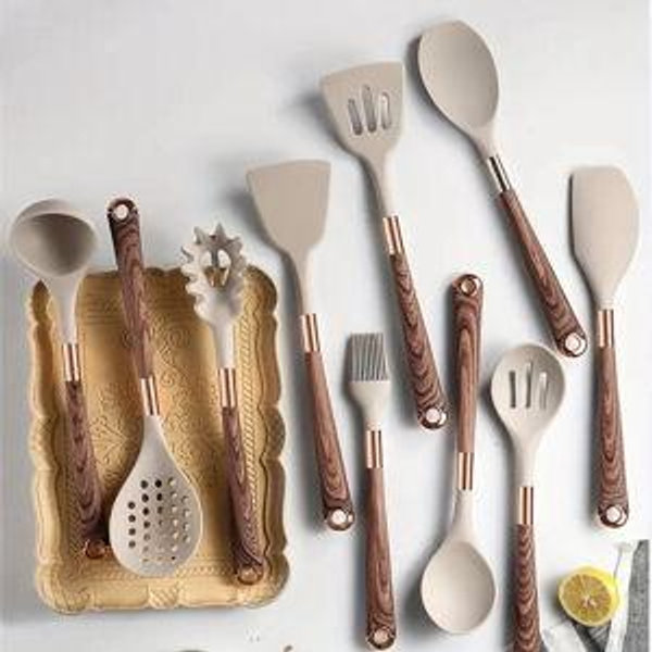 Elegant Silicone Cooking Utensil Set (Brown/Wood)