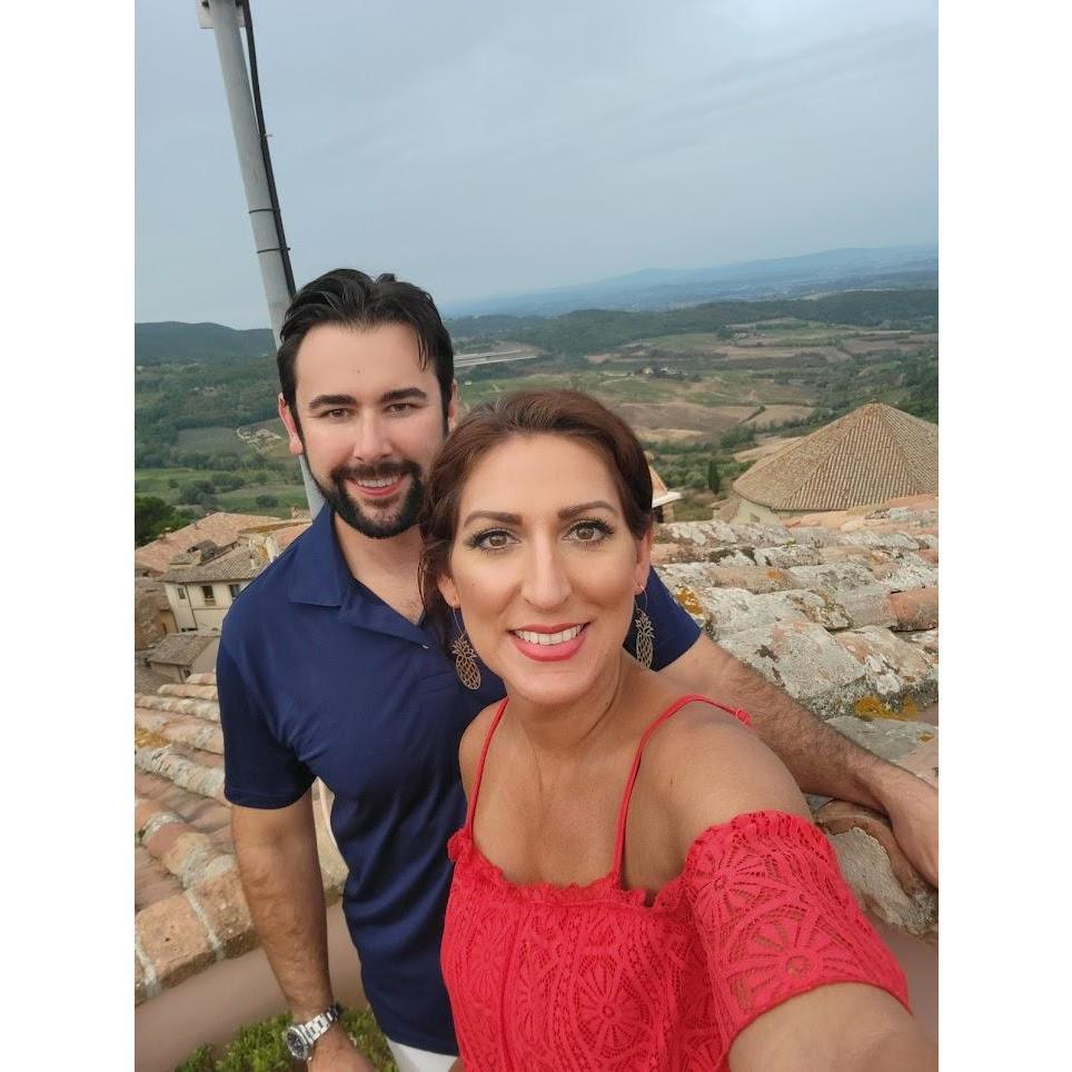 At our Tuscan hotel on the rooftop. What a view!