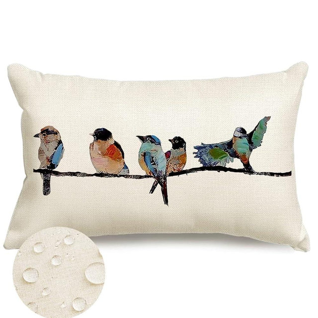 RABUSOFA Outdoor Pillow Covers Waterproof 12x20,Outdoor Bird Lumbar Throw Pillow Cases Small Decorative Pillows for Couch Patio Furniture Polyester Linen Teal Blue