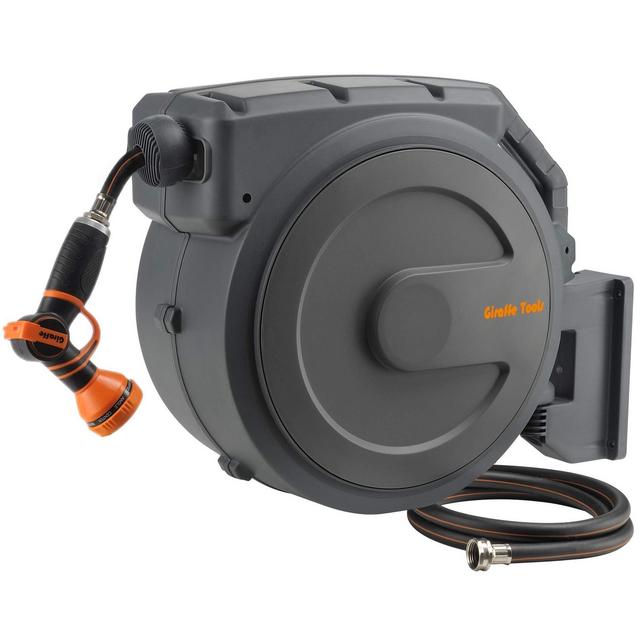 Giraffe Tools Retractable Garden Hose Reel 1/2 Inch x 130 ft, Super Heavy Duty, Any Length Lock, Slow Return System, Wall Mounted and 180 Deg Swivel Bracket