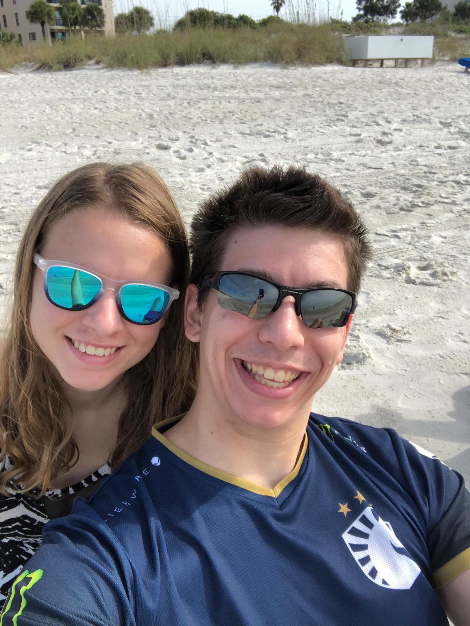 Ashley and Hunter can be found on vacation chilling on a beach most likely with a frisbee somewhere nearby.