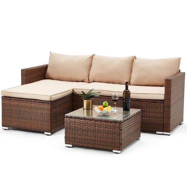 AVAWING 3 Piece Patio Furniture Set, Outside Furniture All-Weather Wicker Patio Furniture Sets with Tempered Glass Table and Cushions for Garden Backyard Balcony Porch Poolside, Beige…