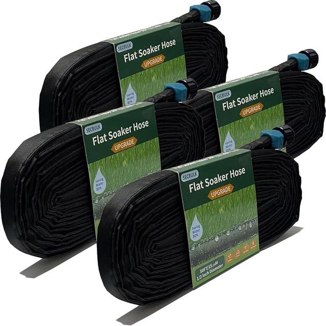Secbulk 2025 Flat Soaker Hose 200 ft for Garden, 200' (50ft x 4) Linkable Drip Hose Diy Garden Irrigation System Saving 80% Water, Dual-layer Leak-free Design Water Hose with Holes