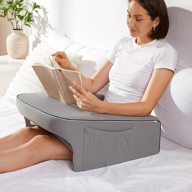 cooloo8 Reading Pillow for Bed, Gaming Pillow for Lap, Petite Adults, Teens Arm Rest Pillow, Memory Foam Lap Desk Pillow for Reading, Working, Playing, Crocheting in Bed Couch(Grey)