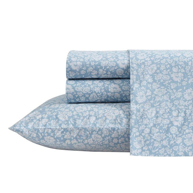Laura Ashley - Queen Bed Sheets, Cotton Percale Bedding Set, Lightweight & Breathable, Dorm Essentials (Heirloom Ditzy Blue, Queen)