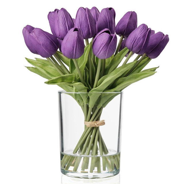 WELL KNOWN 20 Pcs Tulips Artificial Flowers in Vase, Real Touch Fake Purple Tulips Flowers with Glass Vase & Fake Water, Flower Arrangement Centerpiece for Wedding Party Dining Table Home Decor & Gift