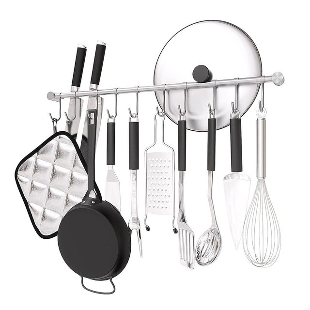 OKEPOO Kitchen Hanging Rack, 20 Inch Wall-Mounted Pot Holder with 10 Quiet Sliding Hooks, Rail Organizer Utensil Holder Bar for Cooking Spatulas Cups, Made of 304 Stainless Steel. (Silver)