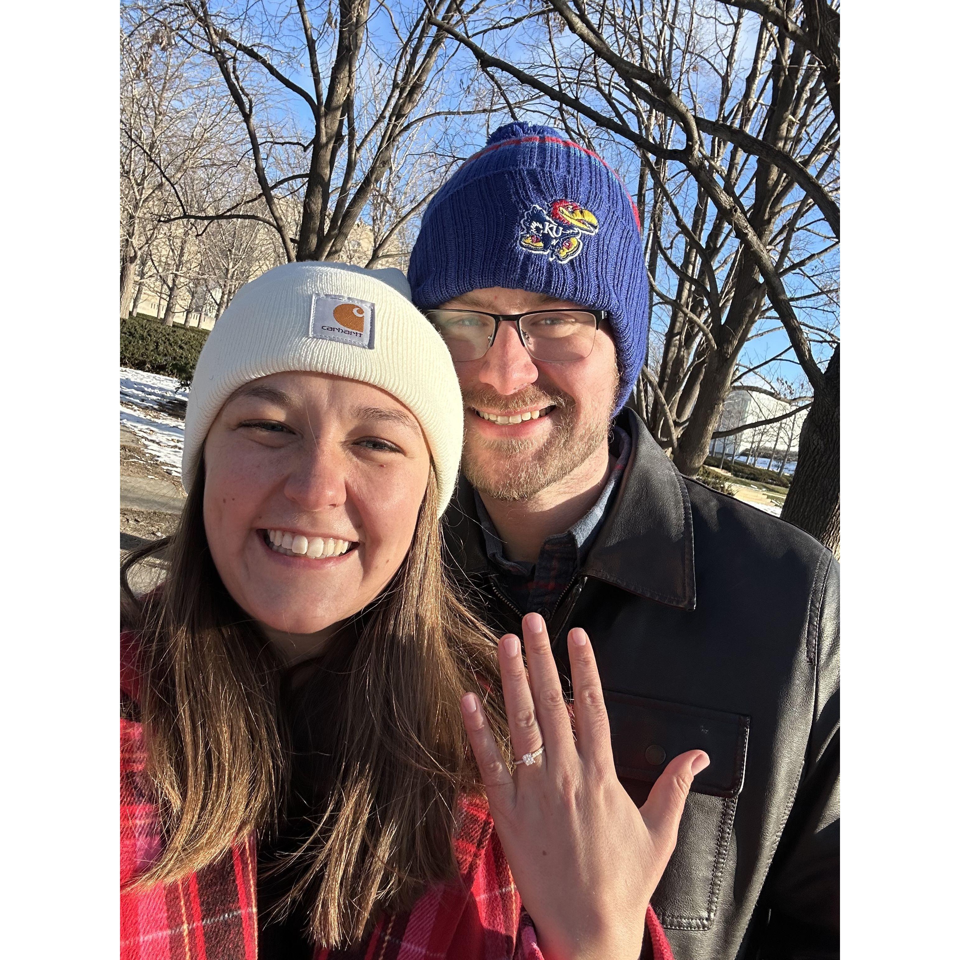 Stew proposed to Olivia on the morning of Saturday, January 18, along The Nelson-Atkins Outdoor Art Trail—when the temperature was a frigid 15 degrees.