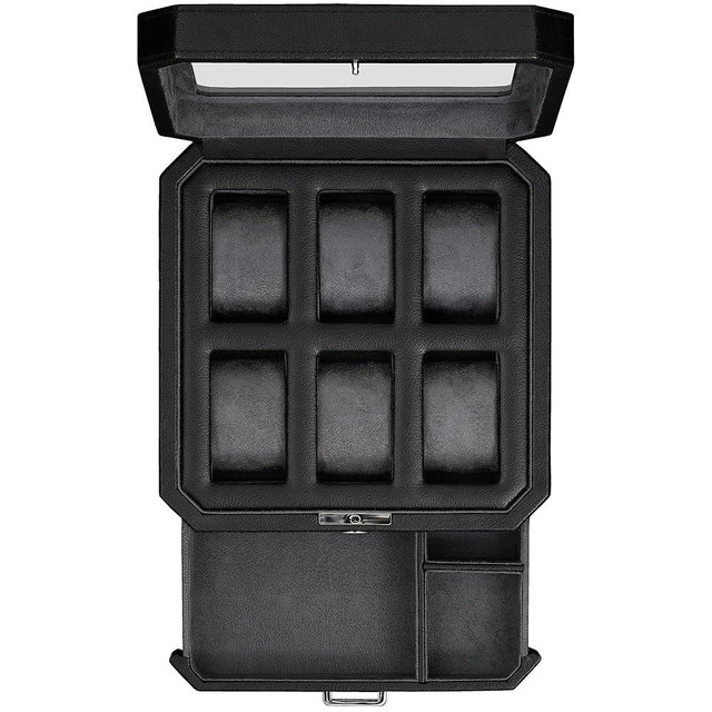 ROTHWELL 6 Slot Leather Watch Box with Valet Drawer - Luxury Watch Case Display Organizer, Microsuede Liner, Locking Mens Jewelry Watches Holder, Men's Storage Boxes With Large Glass Top (Black/Grey)