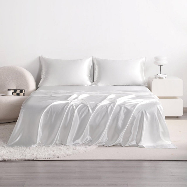 4 Pieces Satin Bed Sheet Set, Silky Cooling Soft Sheet Set, King, White - NTBAY