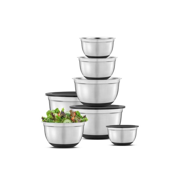 JoyJolt Stainless Steel Mixing Bowls with Silicone Base & Lids - Set of 7 - Silver/Black