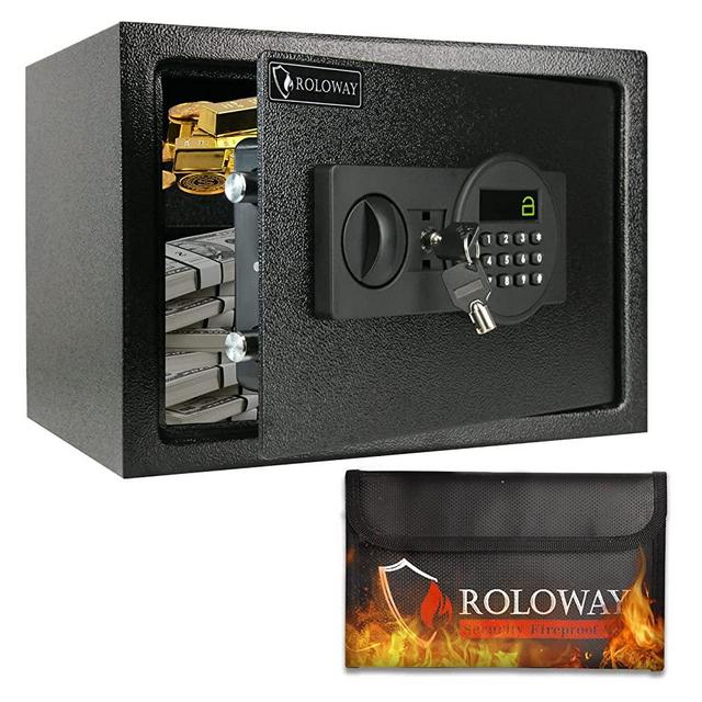 ROLOWAY Steel Money Safe Box for Home with Fireproof Money Bag for Cash Safe Hidden, Security Safe Box for Money Safe with Keys, Lock Box Fireproof Safe with Keypad Lock (Black Digital Keypad)