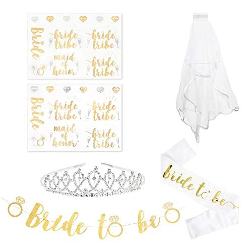 Bachelorette Party Supplies, Bride to Be Sash, Bridal Shower Favors, 10 Ft Gold Glitter Banner, 2 Sheets Flash Tattoos, 2.5' Veil, Crown Tiara, Bridesmaid, Squad, Team Decorations
