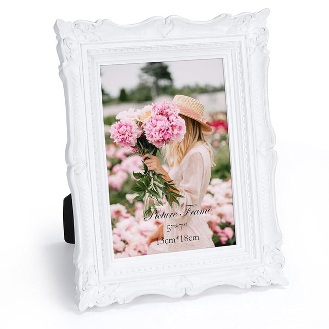 PHAREGE 5x7 White Vintage Picture Frame, 5 by 7 Ornate Antique Picture Frame for Wedding, Retro Photo Frame Displays Horizontally or Vertically On Tabletop