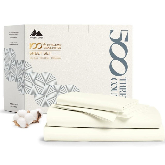 Mayfair Linen 100% Cotton Bed Sheets Full Sheet Set - 500 Thread Count Sheets Full Size 4 PC Set (Ivory), Soft, Cooling, Hotel-Quality 16" Deep Pocket Sateen Weave Cotton Bedsheet for Hot Sleepers