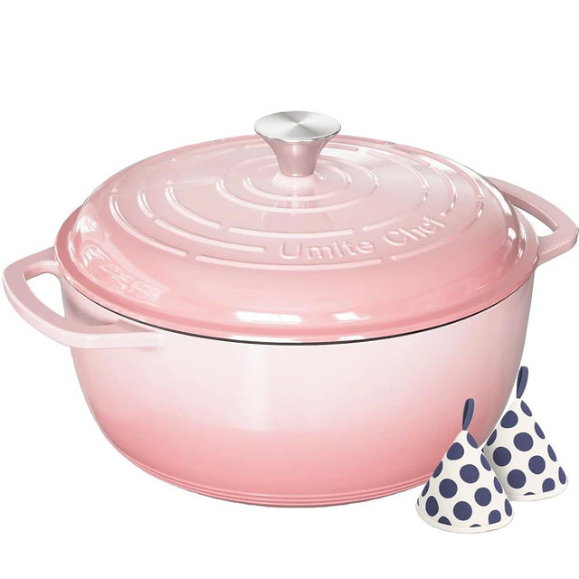 Umite Chef 6QT Enameled Cast Iron Dutch Oven with Lid, Versatile Heavy-Duty Cookware Pot for Baking Bread, Braising, Soups & Stews, Oven & Stovetop Safe with Heat Resistant Gloves(Pink)