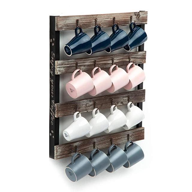J JACKCUBE DESIGN Coffee Mug Holder Wall Mounted Rustic Wood Cup Organizer with 16-Hooks Hanging Rack for Home, Kitchen Display Storage and Collection : MK519A