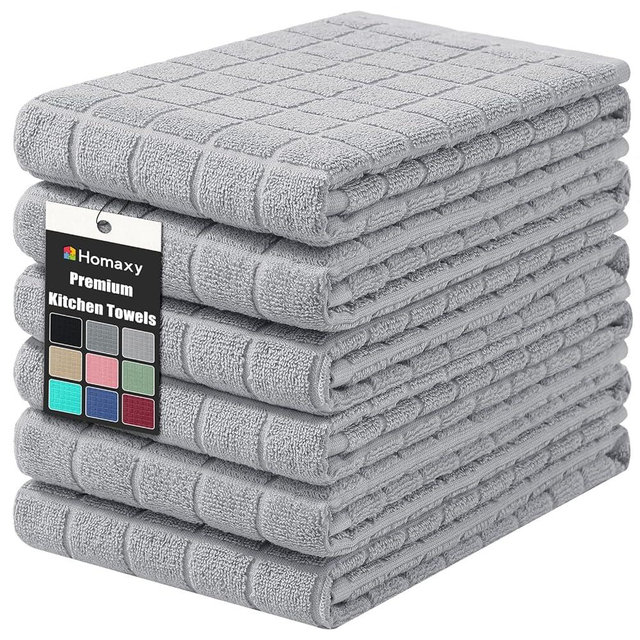 Homaxy Premium Cotton Kitchen Towels 16"x 28", Large Natural Ring Spun 390 GSM Dish Towels, Super Absorbent Terry Kitchen Hand Towels, Soft Tea Towels with Hanging Loop, Pure Light Grey Design, 6 Pack