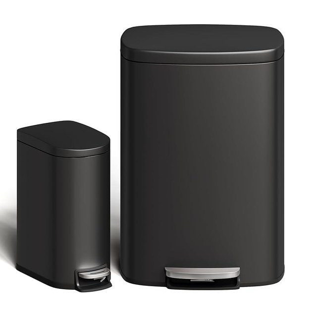Garvee 13 gal (50 L) and 2.6 gal (10 L) Metal Trash Can Combo Set, Rustproof Garbage Can with Lid, Step-on Trash Bin with Inner Bucket, Rear Handle, Black