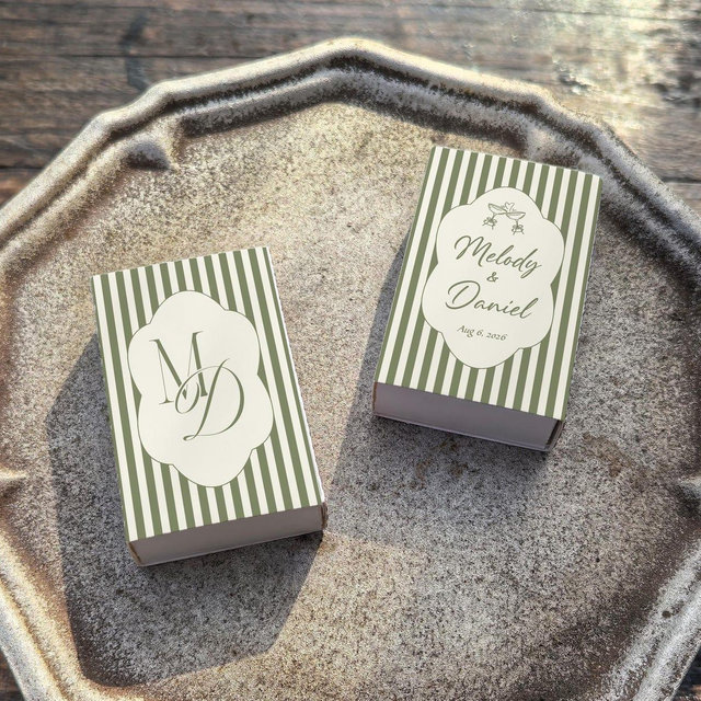 Personalized Vintage Wedding Matchboxes, Custom Initials & Names, Cocktail Glass Ribbon Match Box, Retro Striped Wedding Favors with Date