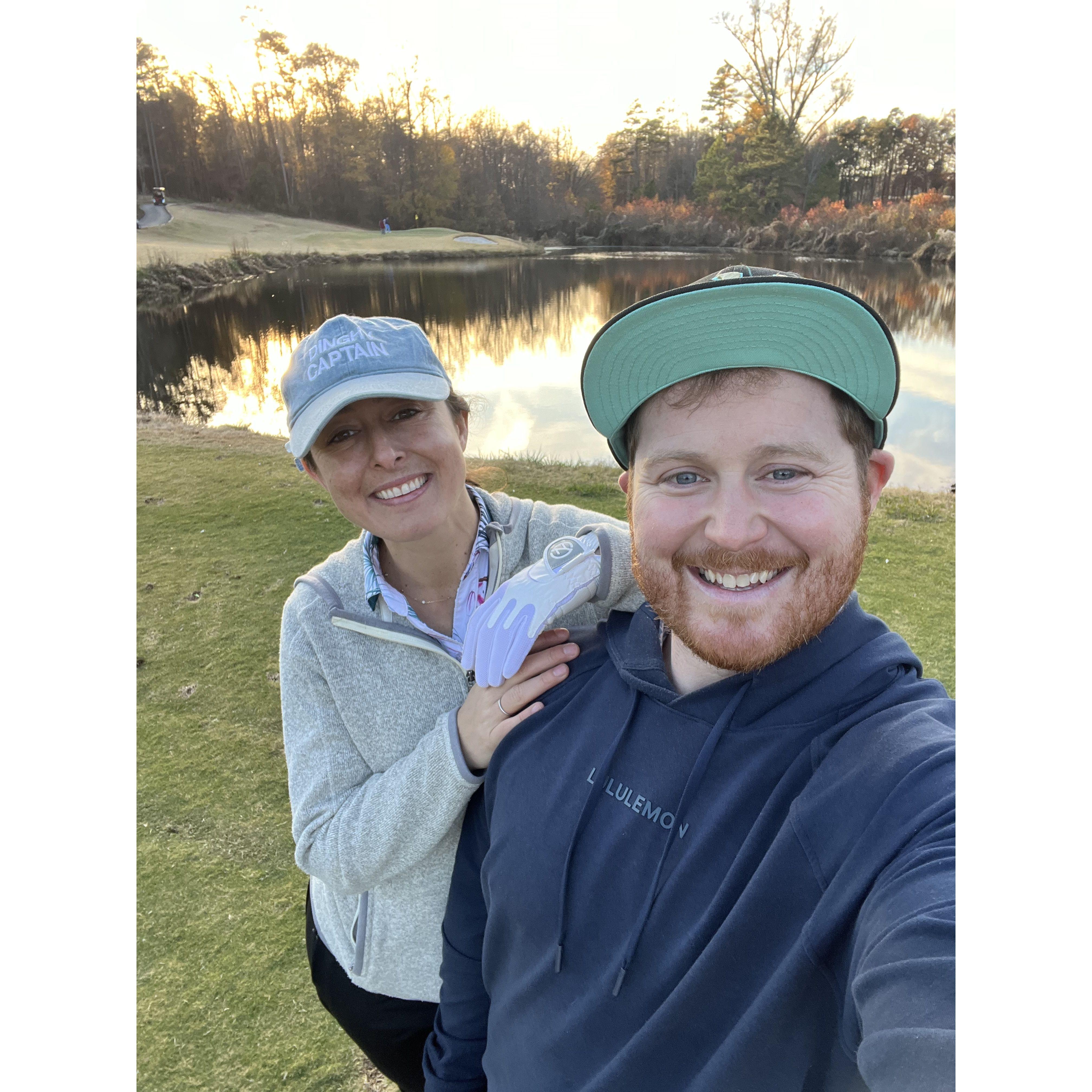 Thanksgiving Golf- Polly almost made it across the water, but didn't