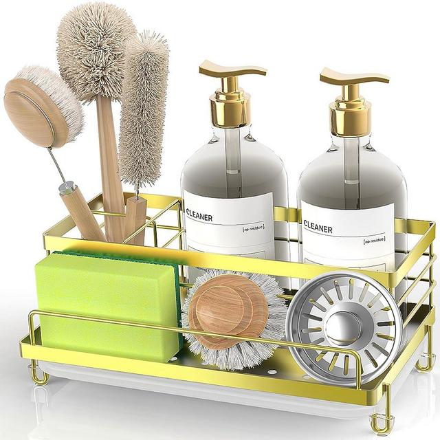 Cisily Gold Sponge Holder for Kitchen, Sink Caddy Organizer, Kitchen Sink Accessories with Drip Tray, Rustproof and Non-slip Kitchen Sink Sponge Holder, Kitchen Essentials for New Home