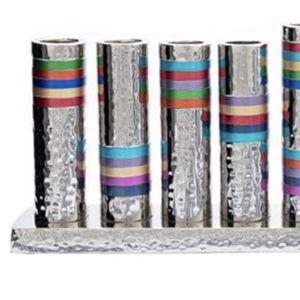 Yair Emanuel Hammered Hannukah Menorah Aluminium Nickel Hammerwork Colored Rings (HMV-1) Judaica