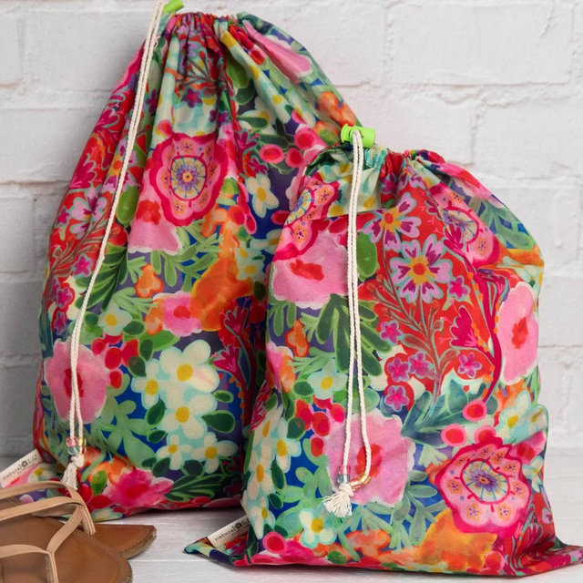 Travel Laundry Bag Set - Pink Painted Garden
