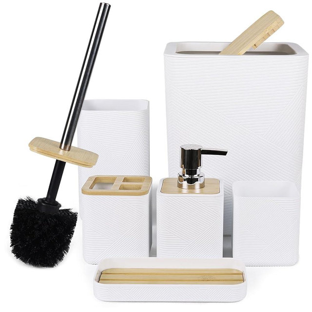 CERBIOR Bathroom Accessories Set 6 Piece Bamboo Bath Ensemble Includes Soap Dispenser, Toothbrush Holder, Toothbrush Cup, Soap Dish for Decorative Countertop and Housewarming Gift (White)
