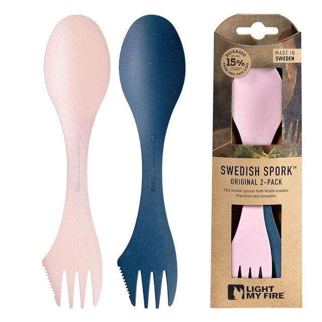 Light My Fire Spork Original 2-Pack 3-in-1 Camping Spoon Fork Knife Combo Reusable Travel & Camping Utensils Lunch Spork Outdoor Backpacking Hiking Picnic Utensil BPA Free, HazyBlue/DustyPink