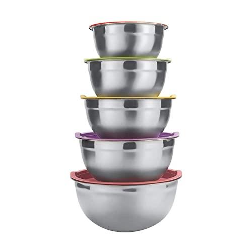 Raking 5 Piece Mixing Bowls Large 5 Quart Capacity Stainless Steel Bowl Set With Colorful Lids for Kitchen, Camping and Food Storage (Silver)