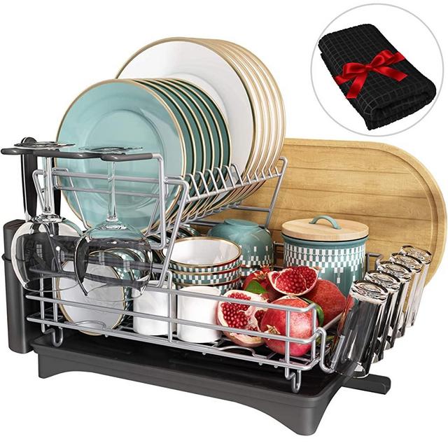 Large Dish Drying Rack with Drainboard,Qienrrae 2 Tier Dish Drainer for Kitchen Counter,Full Size Dish Rack with Swivel Spout,Wine Glasses Holder and Dish Drying Mat（Black,Double）